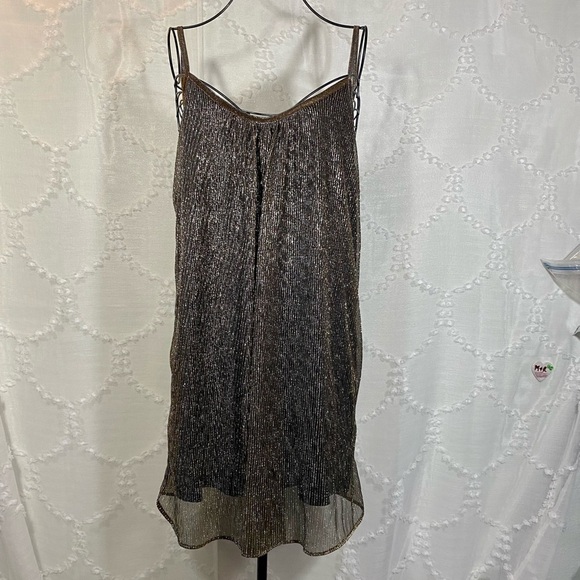 NWT Lovemarks metallic gold pleated mini spaghettini strap flowy dress size L - Picture 1 of 7